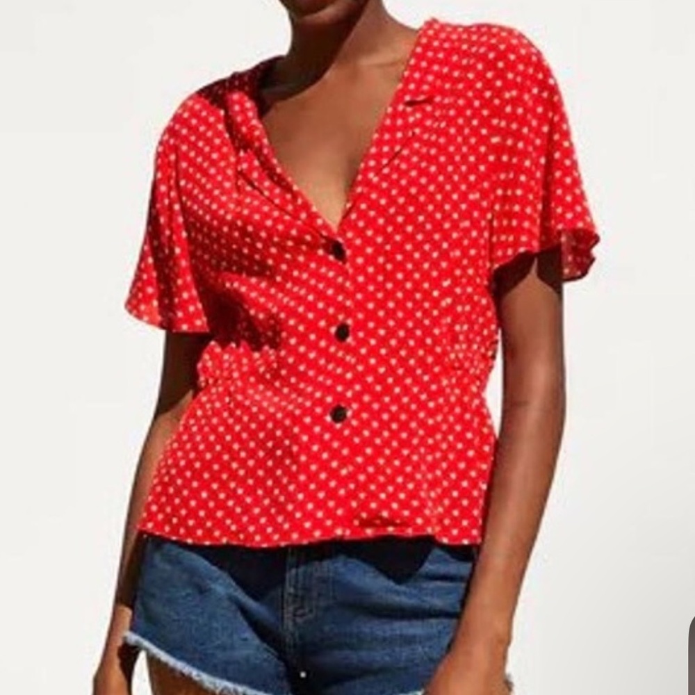 Zara Red Polka Dot Button Front Blouse